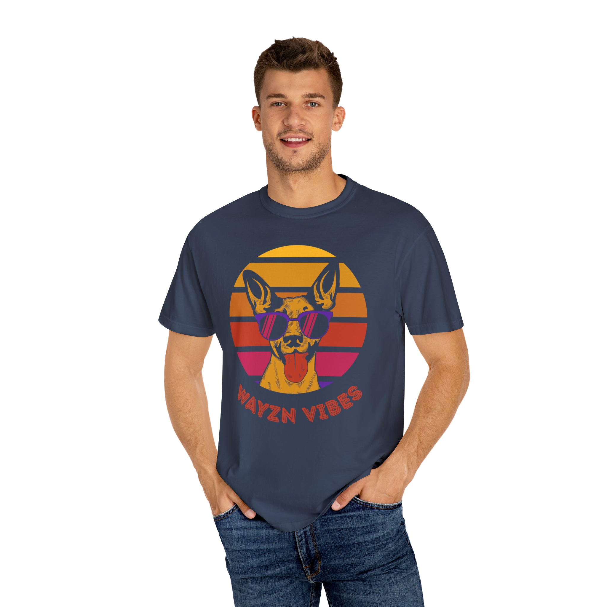 A man wearing a t-shirt with a dog wearing sunglasses - Wayzn Vibes Unisex Dyed T-shirt.