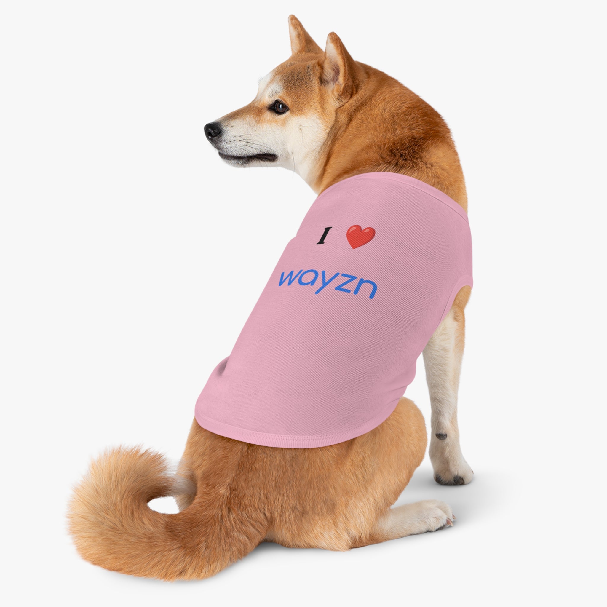 I Heart Wayzn - Dog Jersey: A dog wearing a pink shirt with a red heart on it.