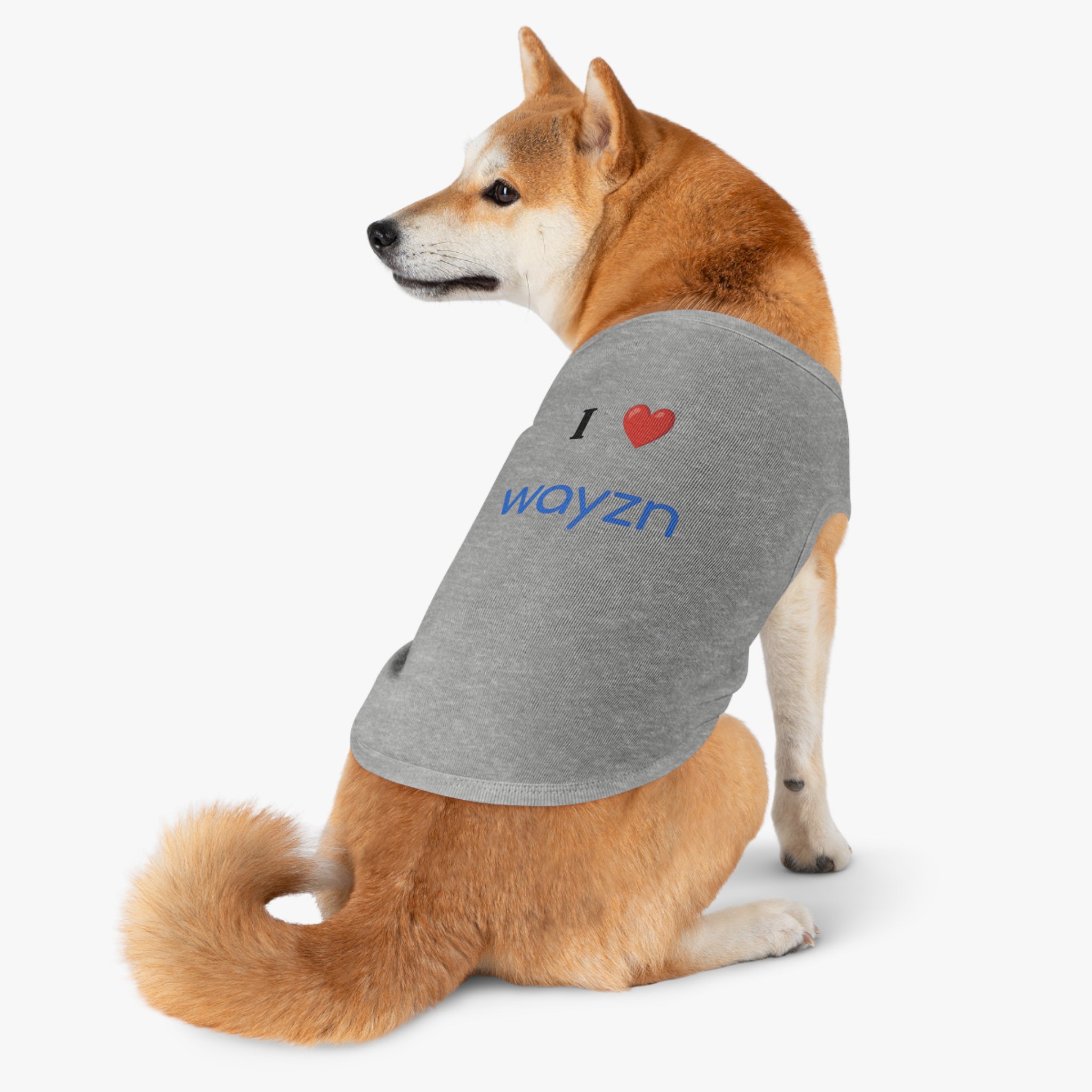 A dog wearing the I Heart Wayzn Dog Jersey, with a red heart on a gray surface.