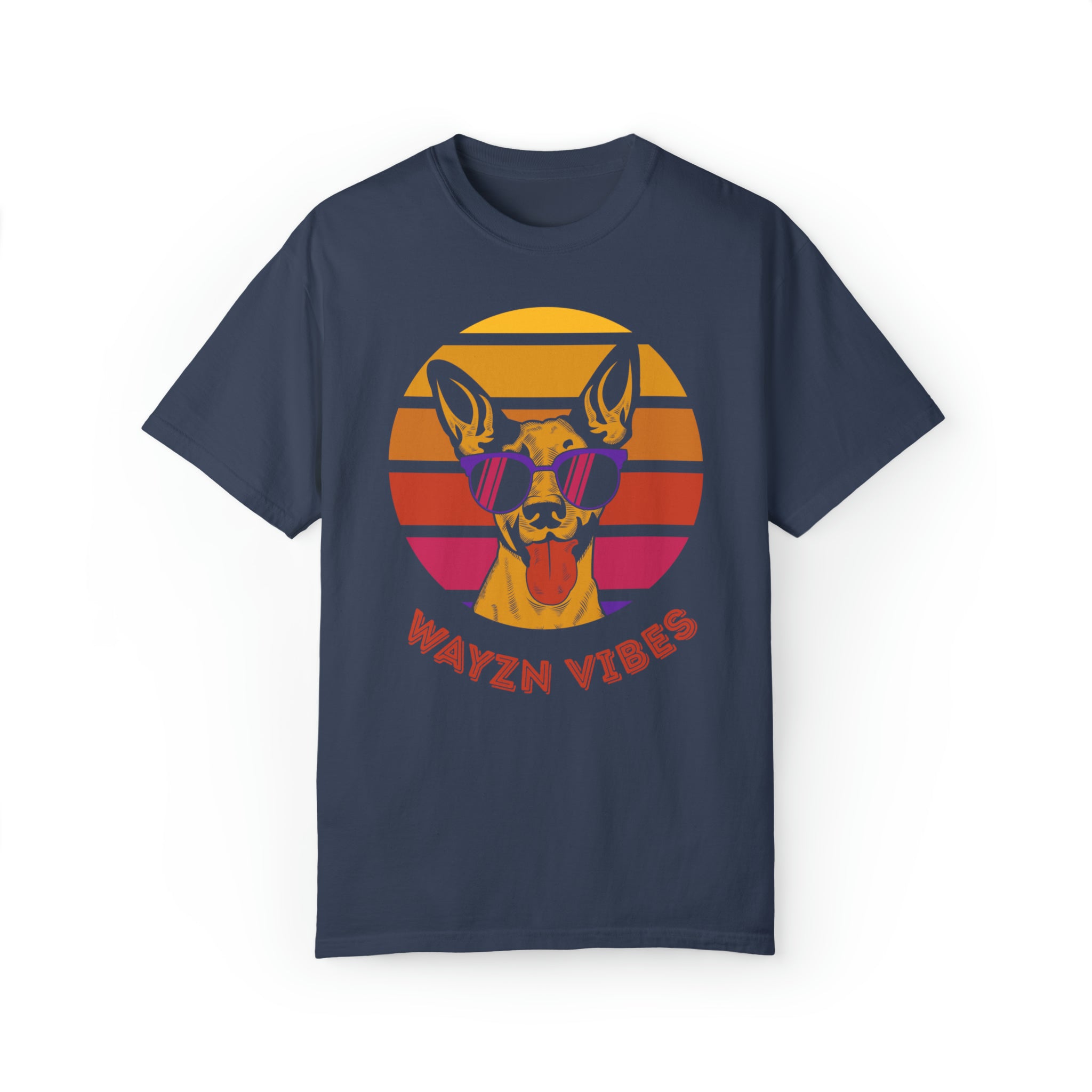 Wayzn Vibes - Unisex Dyed T-shirt: A dog wearing sunglasses and sticking out its tongue on a blue shirt.